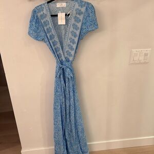 Anthro Elegant Blue Floral Wrap Dress
